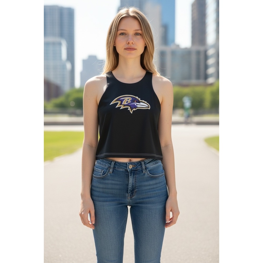 1099Certo Baltimore Ravens Reversible Crop Tank Top Black Grey Floral NFL W S